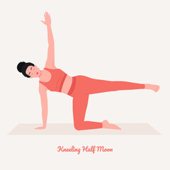   Kneeling Half Moon Yoga pose. Young woman practicing yoga  exercise. Woman workout fitness, aerobic and exercises. Vector Illustration.