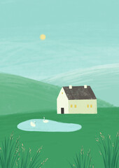 Illustration with alone house in the hills Minimalistic Scandinavian style. - 439776480