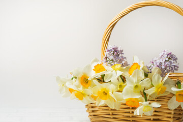 Fototapeta na wymiar Summer or spring bouquet of daffodils and lilacs in a wicker basket located on a white background. Isolated