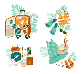Summer travel compositions. Luggage, clothes and palm leaves.