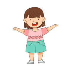 Happy Little Girl Standing with Open Arms for Hug Vector Illustration