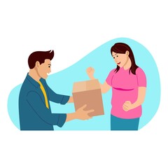 Fototapeta premium People illustration. Courier give a package to girl