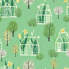 Seamless pattern with greenhouses in green. Minimalistic Scandinavian style. - 439777024