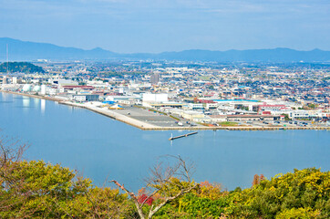 Fototapeta na wymiar Yonago city and Lake Nakaumi, the views from Yonago castle ruins, Tottori, Japan