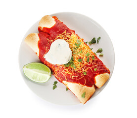 Plate with tasty cooked enchilada on white background