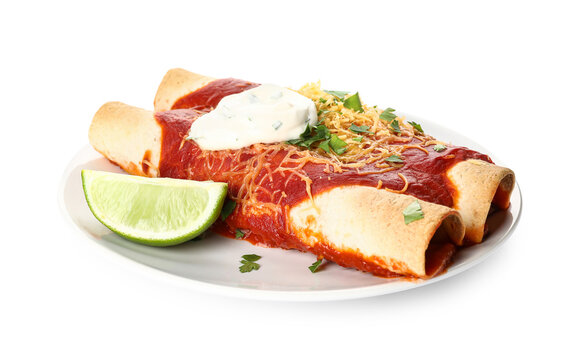 Plate with tasty cooked enchilada on white background