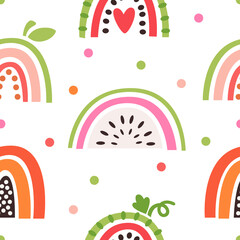 Seamless pattern with abstract rainbows stylized as fruits: watermelon, papaya, pitahaya, guava. Perfect summer illustration for apparel, fabric, textile, packaging, wrapping paper.