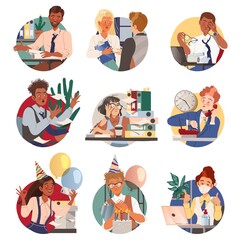 Man and Woman Office Worker at Workspace Performing Duties Circle Composition Vector Set