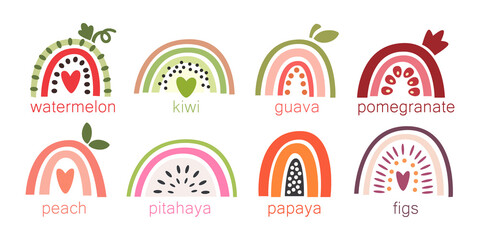 Summer rainbows stylized as fruits: watermelon, papaya, pitahaya, peach, fig, pomegranate, guava, kiwi. Beautiful design for cards, kids print, poster, nursery decoration, logo. Simple flat vector. - obrazy, fototapety, plakaty