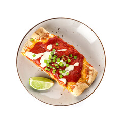 Plate with tasty cooked enchilada on white background