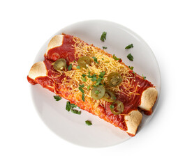 Plate with tasty cooked enchilada on white background