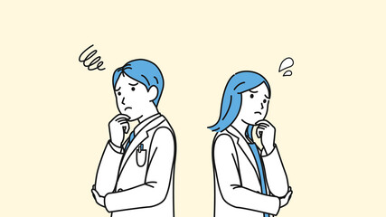 医者　女医　白衣を着た男女　悩む　困る　ポーズ　イラスト素材