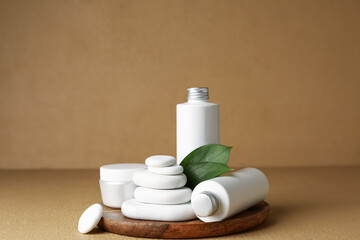 Set of spa supplies on color background