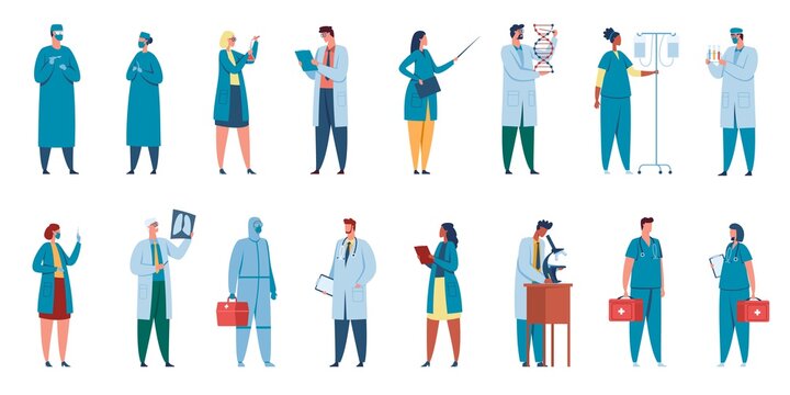 Hospital workers. Healthcare characters doctors, nurses, surgeons, physicians in professional uniforms. Medical staff team vector set. Scientist doing research with microscope, people in gown