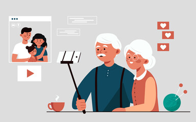Grandparents talk via video link with family . Communicating each other by using the internet through video. Flat vector illustration