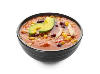 Bowl of tasty chicken enchilada soup on white background