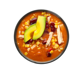 Bowl of tasty chicken enchilada soup on white background