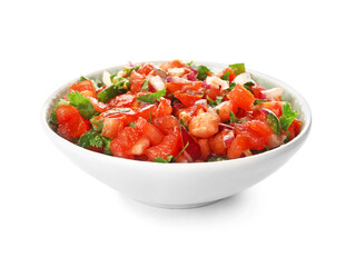 Bowl of tasty Pico de Gallo salsa on white background