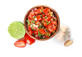 Fotobehang Bowl of tasty Pico de Gallo salsa on white background © Pixel-Shot