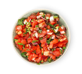 Bowl of tasty Pico de Gallo salsa on white background