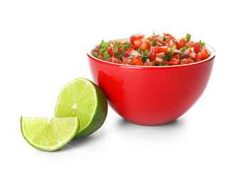 Bowl of tasty Pico de Gallo salsa on white background