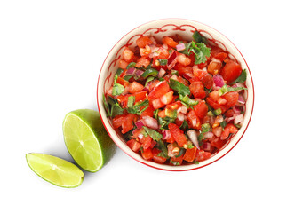 Bowl of tasty Pico de Gallo salsa on white background