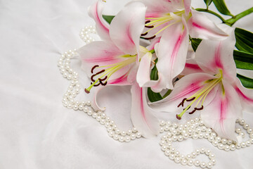 The branch of white lilys on white fabric background

