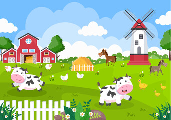 Cute Cartoon Farm Animals Vector Illustration With Cow, Horse, Chicken, Duck, or Sheep. For Postcard, Background, Wallpaper, and Poster © denayune