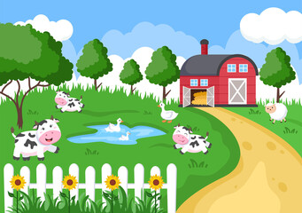 Illustration vectorielle d& 39 animaux de ferme de dessin animé mignon avec vache, cheval, poulet, canard ou mouton. Pour les cartes postales, les arrière-plans, les papiers peints et les affiches