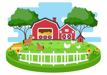 Cute Cartoon Farm Animals Vector Illustration With Cow, Horse, Chicken, Duck, or Sheep. For Postcard, Background, Wallpaper, and Poster