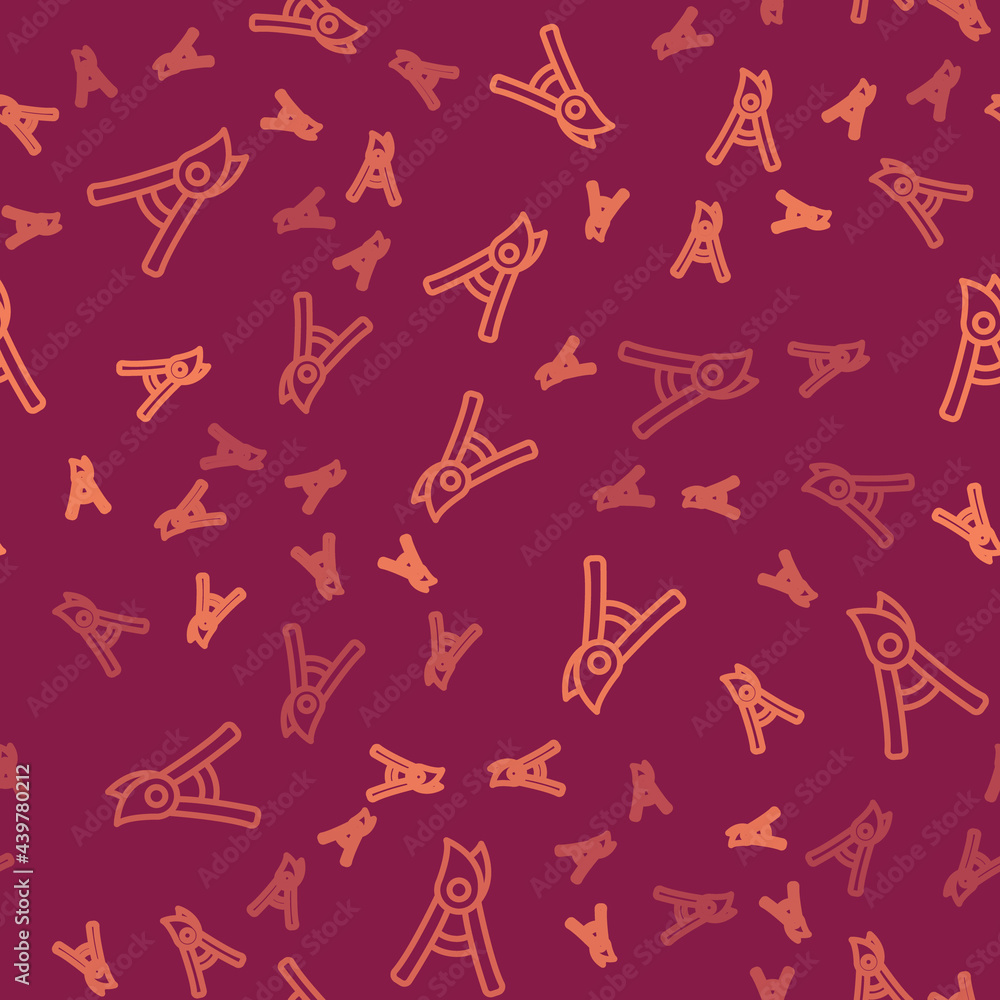 Poster brown line gardening handmade scissors for trimming icon isolated seamless pattern on red background