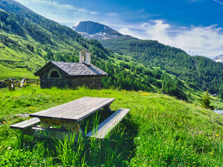 Montain chalet in the french Alpes. Savoie. France. Landscape.