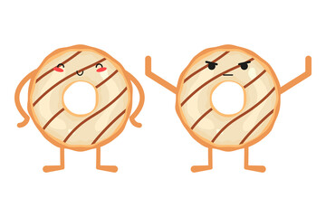 Donuts characters set. Angry and smiling donuts. Vector illustration.