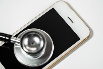 Stethoscope with smart phone. on white, background to solution problem for smart phone.white background.