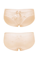 Detail shot of beige tanga panties with lace inserts and silk bow. Sexy lingerie is isolated on the white background. Front and back views. 