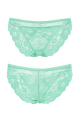 Detail shot of mint-color slip panties made of fine lace with floral design. Sexy lingerie is isolated on the white background. Front and back views. 