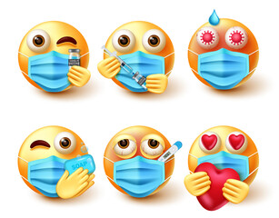 Emoji covid-19 smiley vector set. Smiley 3d emojis in safety guidelines like getting vaccine, wash hands and temperature check for new normal safety character collection design. Vector illustration
