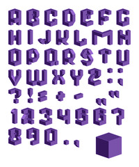 Vector isometric 3d font. Violet collection of letters, numbers and punctuation marks