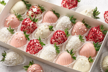 White and pink chocolate dipped strawberries in box