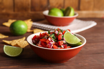 Bowl of tasty Pico de Gallo salsa on table