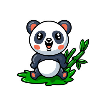 Cute little panda cartoon sitting on grass