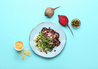 Composition with delicious beetroot carpaccio on color background