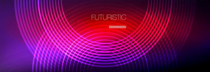 Dark abstract background with glowing neon circles. Trendy layout template for business or technology presentation, internet poster or web brochure cover, wallpaper