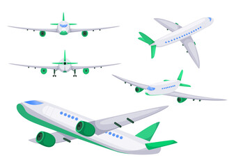 Airplane from different angles vector flat illustrations set. Plane flying and landing, front view of jet isolated on white background. Holiday, aviation, aircraft, traveling, cargo service concept