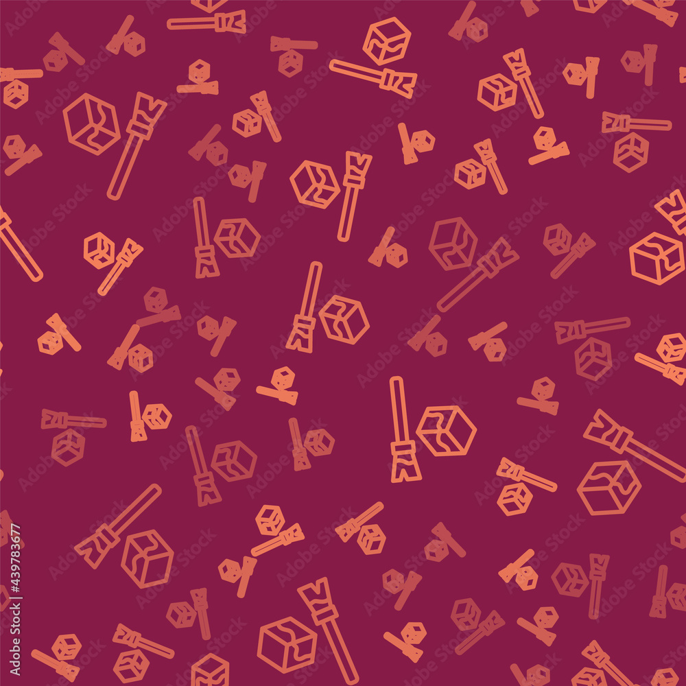 Poster brown line isometric cube icon isolated seamless pattern on red background. geometric cubes solid ic