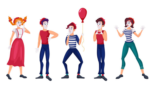 Cartoon mimes vector flat illustrations set. Theatre people in costumes, silent acting, actors or comedians, surprised girl, man with balloon isolated on white background. Acting, comedy, art concept