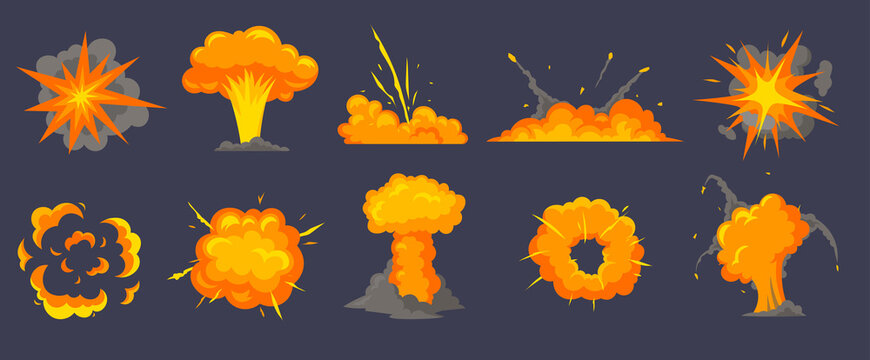 Different explosions cartoon vector illustrations set. Explosive substances, smoke from crash, bang, fire or dynamite isolated on black background. Comic book, destruction, war, game concept