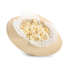 Hat with popcorn on white background. Festa Junina (June Festival) celebration