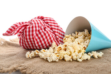 Composition with popcorn on white background. Festa Junina (June Festival) celebration