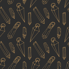 Monochrome golden seamless pattern with hand drawn crystals on black background. Vector illustration.